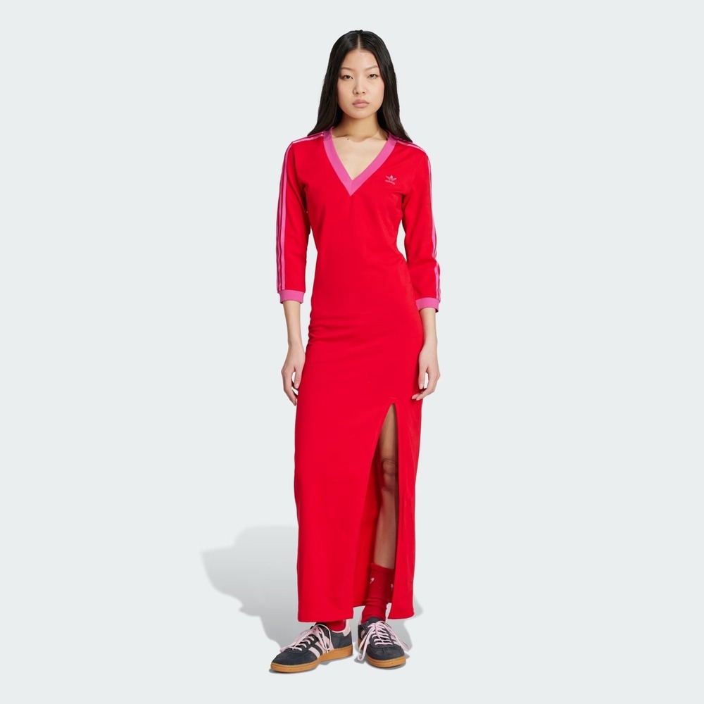 XS- Adidas Adicolor Classics 3-Stripes Maxi Dress Pink Red JW3668 V Neck RARE!